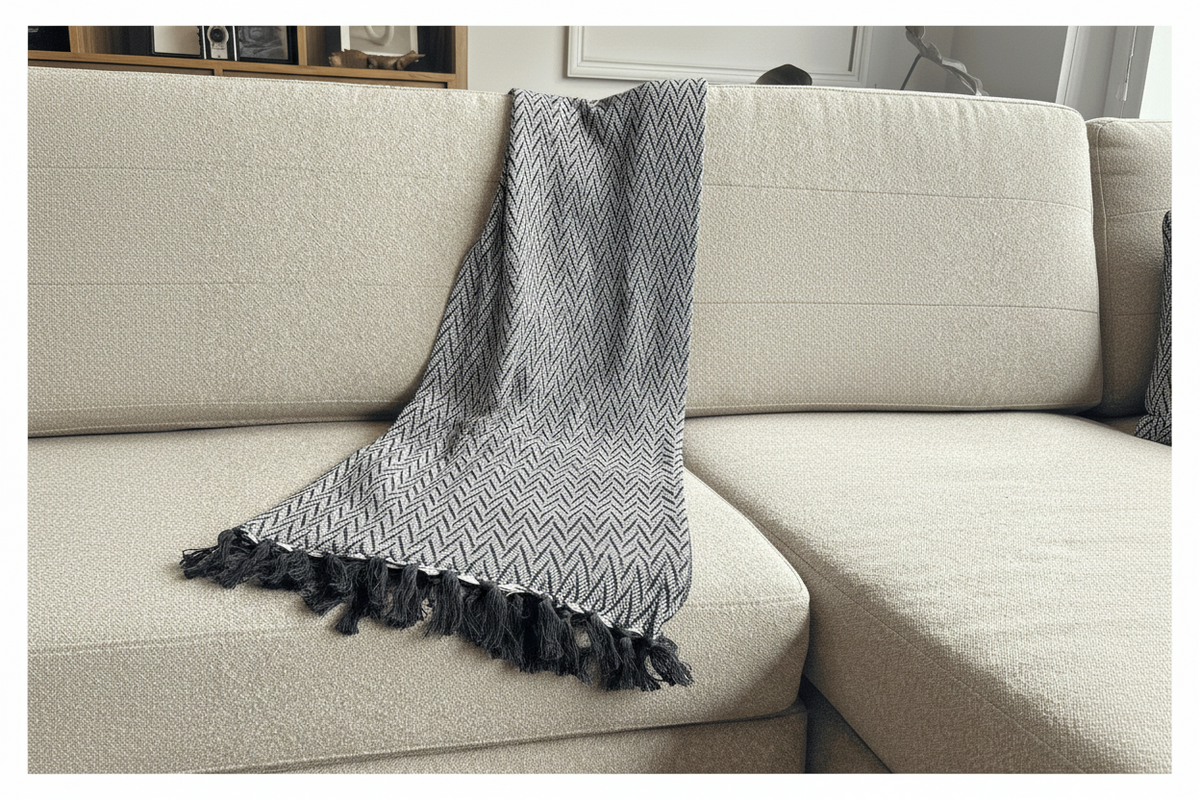 A gray and white chevron-patterned throw blanket with black fringe is draped over a beige sectional sofa next to a matching square throw pillow.
