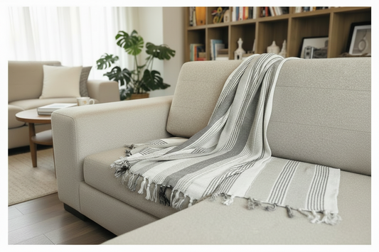 Striped blanket and pillow on a beige sofa with a neutral background