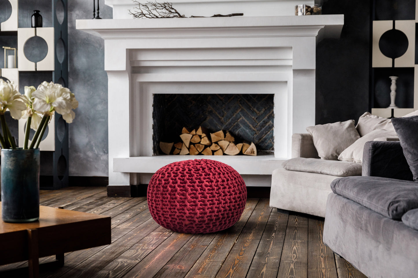 Puff Rojo de Algodón Dori Tejido a Mano