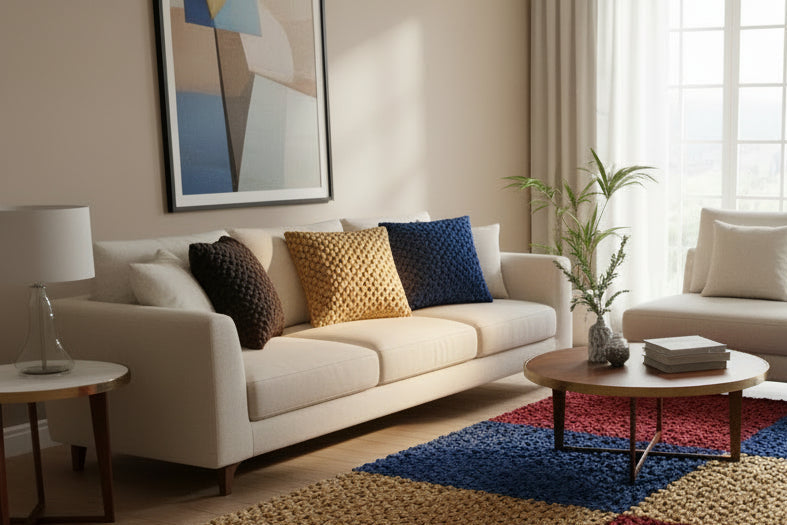 Four square knitted throw pillows in black, blue, beige, and red, arranged around a light gray armchair against a pale wall and tiled floor.