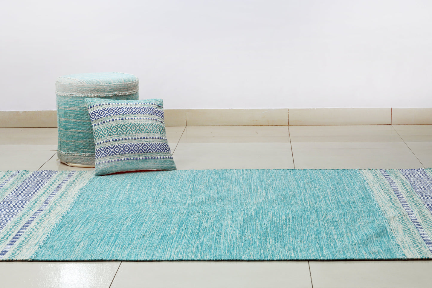 Handwoven Cotton Kilim Pouf – Turquoise Charm