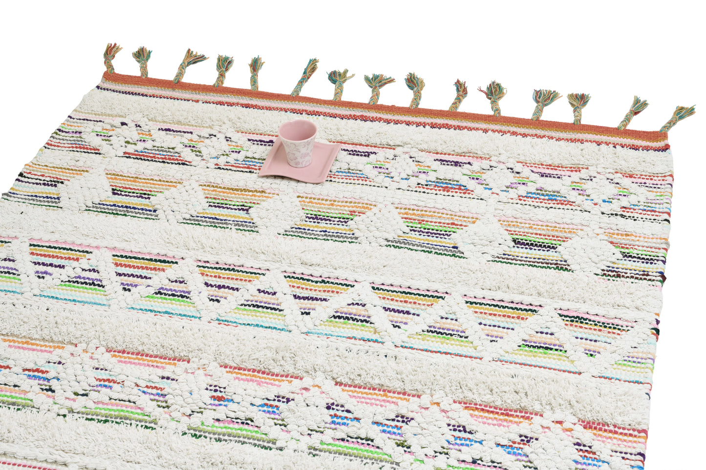 Alfombra de Algodón con Diseño de Diamantes – Borde Doblado con Borlas