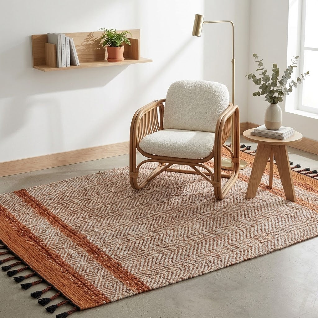 Alfombra Dhurrie de Algodón Con Borde y Flecos IC17717 Naranja