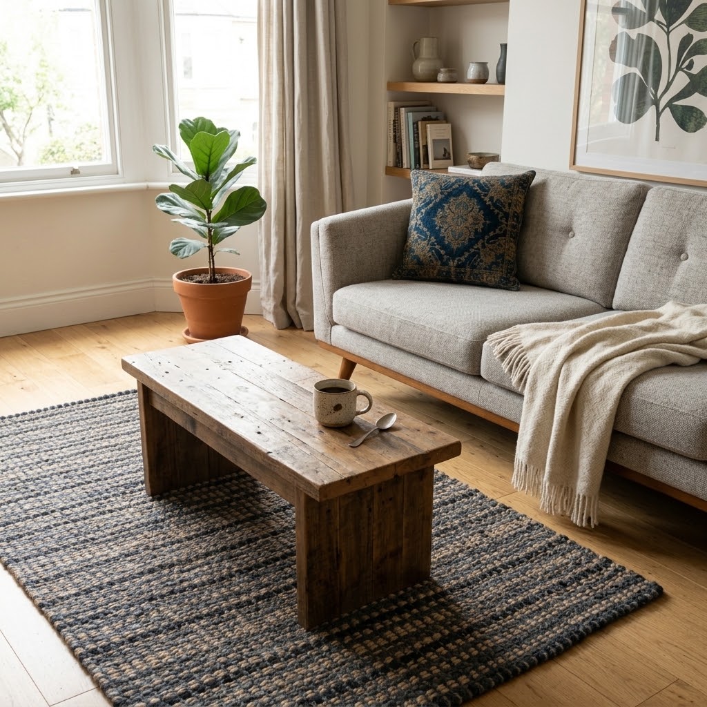 Sala con la Alfombra de Telar Manual de Mezcla de Algodón IC12446 Gris/Negro de SIMSA Shop