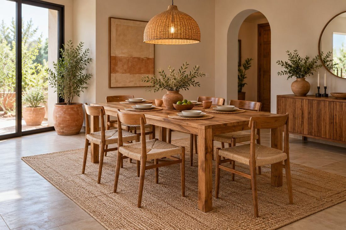 Comedor cálido con mesa de madera, alfombra tejida en tonos neutros, lámpara de fibra natural e individuales de yute.
