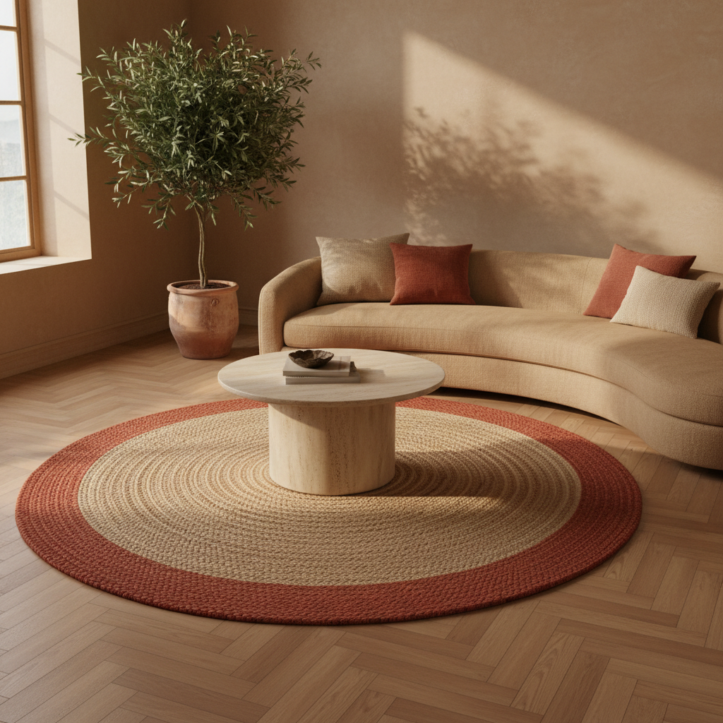Sala de estar con alfombra redonda de yute trenzado IC17997 de SIMSA Shop Colombia