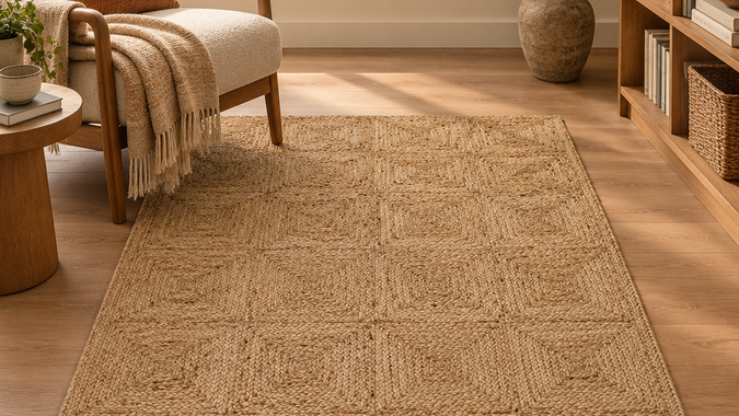 Alfombra de Yute Trenzado IC18786 Natural en un rincón de lectura