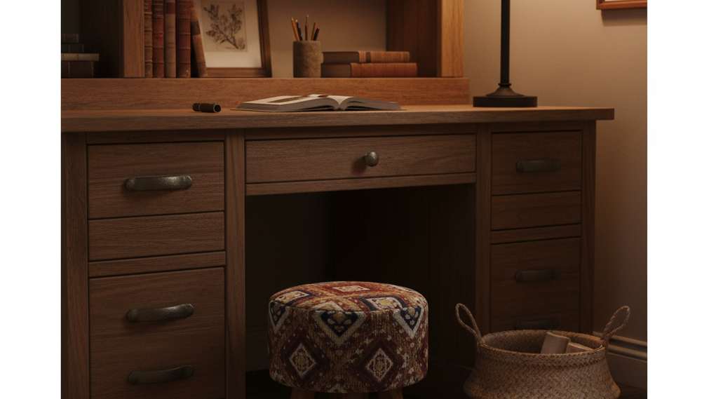 Taburete jacquard geométrico RAC47A multicolor junto a un escritorio de madera