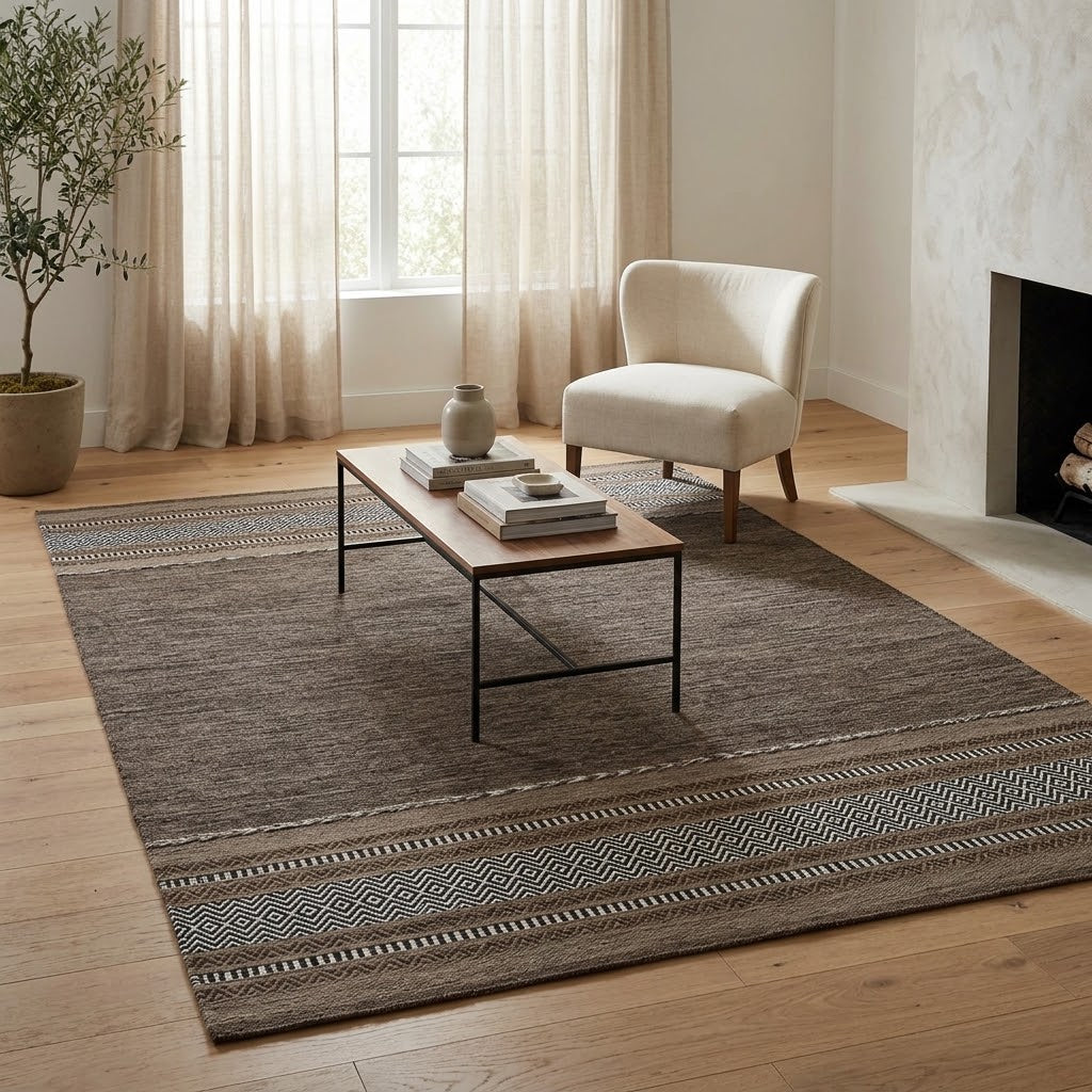Alfombra Kilim de Algodón Borde Acabado IC14492 Marrones/Beige