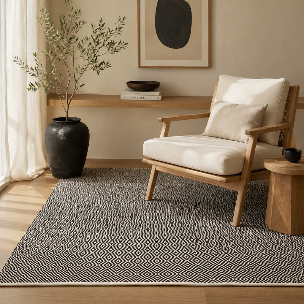 Alfombra de Algodón con Patrón de Diamante Borde Acabado IC17719 Negro
