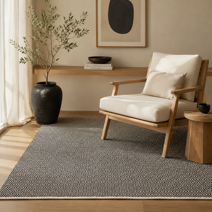 Alfombra de Algodón con Patrón de Diamante Borde Acabado IC17719 Negro