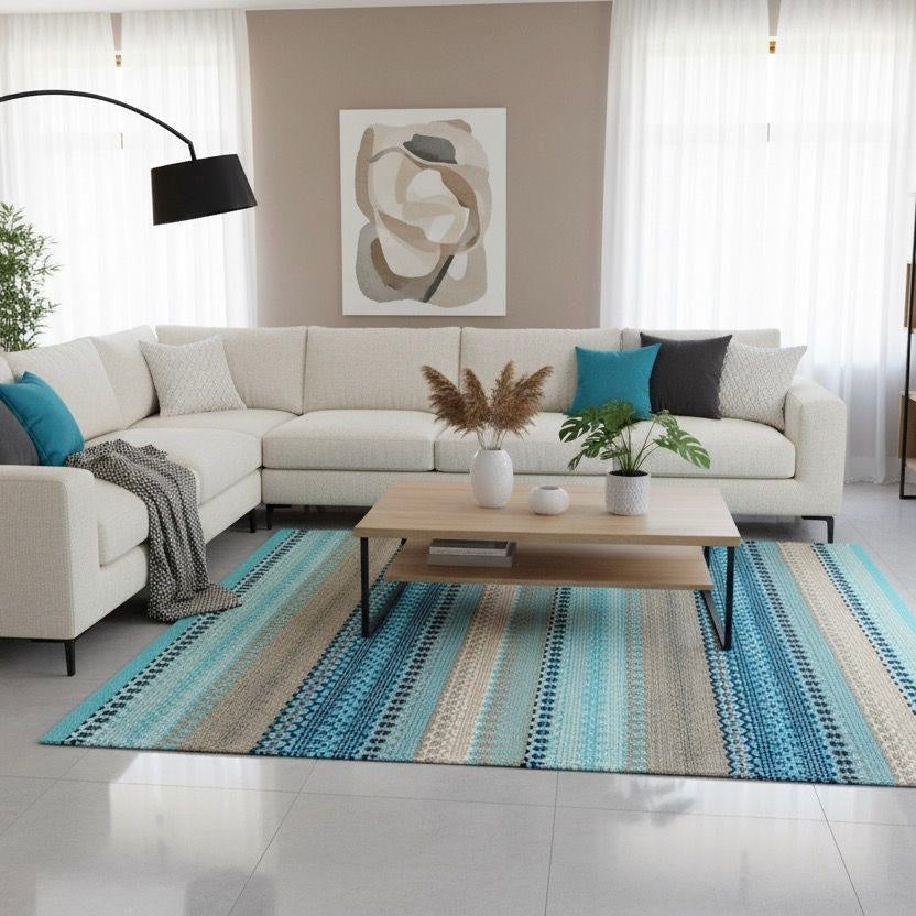 IC13516 Blue Cotton Kilim Rug with Non-Slip Backing