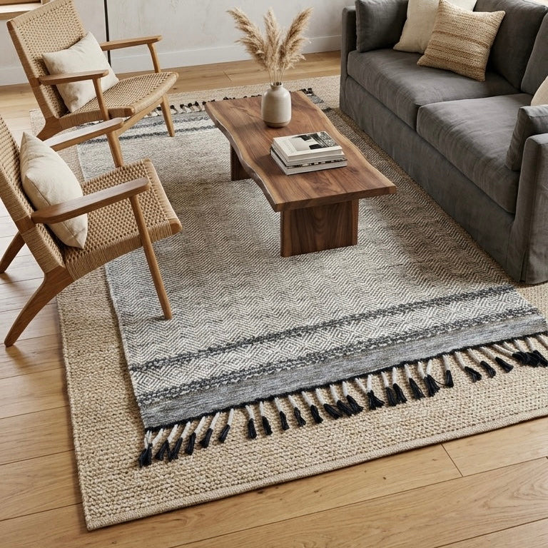 IC17485 Grey/Silver Cotton Dhurrie Rug with Border and Fringe