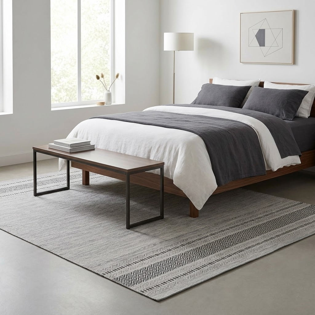 Alfombra kilim de algodón gris plateado con borde acabado IC14540