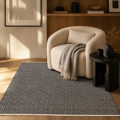 Alfombra de Algodón con Patrón de Diamante Borde Acabado IC17719 Negro
