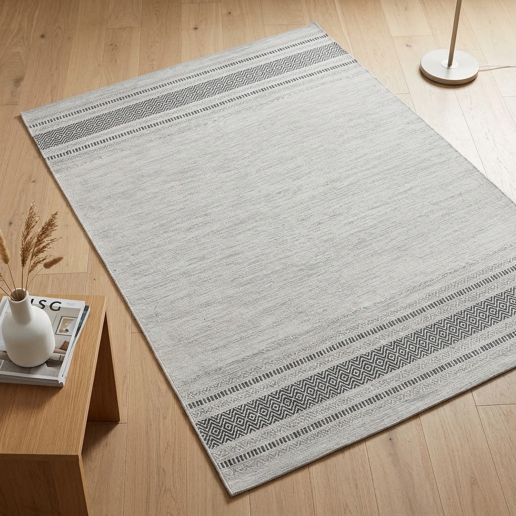 Alfombra kilim de algodón gris plateado con borde acabado IC14540