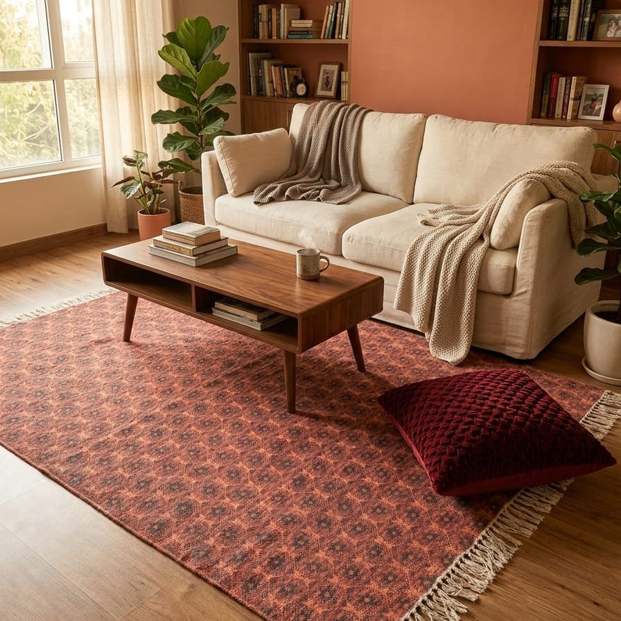 IC17069 Printed Cotton Dhurrie Rug Red