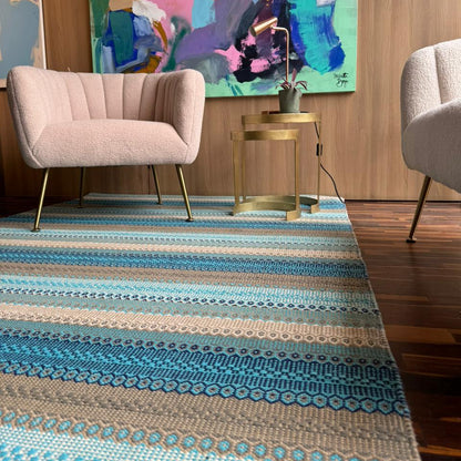 IC13516 Blue Cotton Kilim Rug with Non-Slip Backing