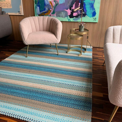 IC13516 Blue Cotton Kilim Rug with Non-Slip Backing