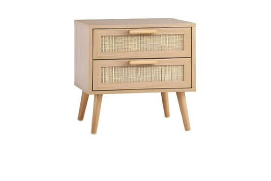 Mesa de Noche de Madera y Ratán con 2 Cajones – Hecha a Mano
