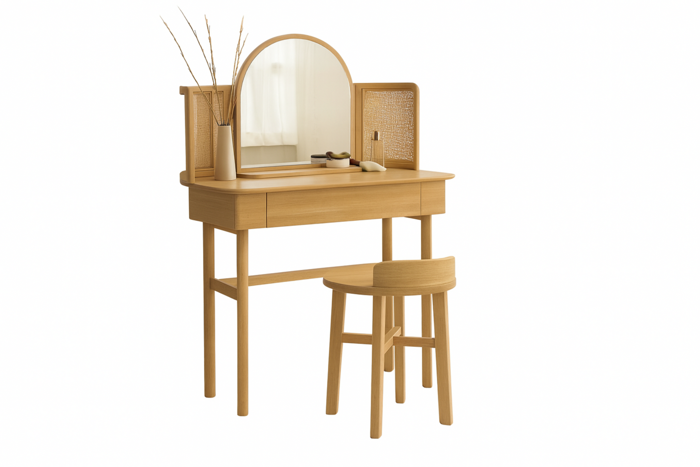 Tocador de Madera y Ratán con Espejo y Taburete
