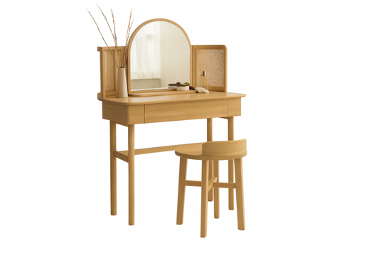 Tocador de Madera y Ratán con Espejo y Taburete

