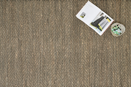Alfombra Dhurrie de Yute Hecha a Mano Borde Acabado IC17306 Negro/Blanco