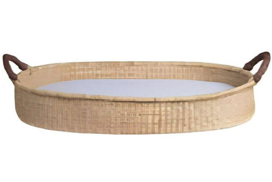 Bandeja Oval de Ratán con Asas de Cuero