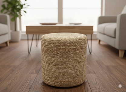 Puff Redondo de Yute Natural Tejido a Mano