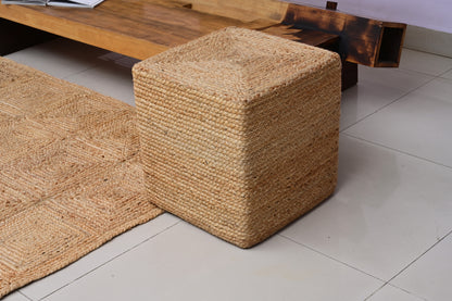 Hand-Braided Natural Jute Square Pouf