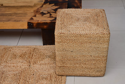 Hand-Braided Natural Jute Square Pouf
