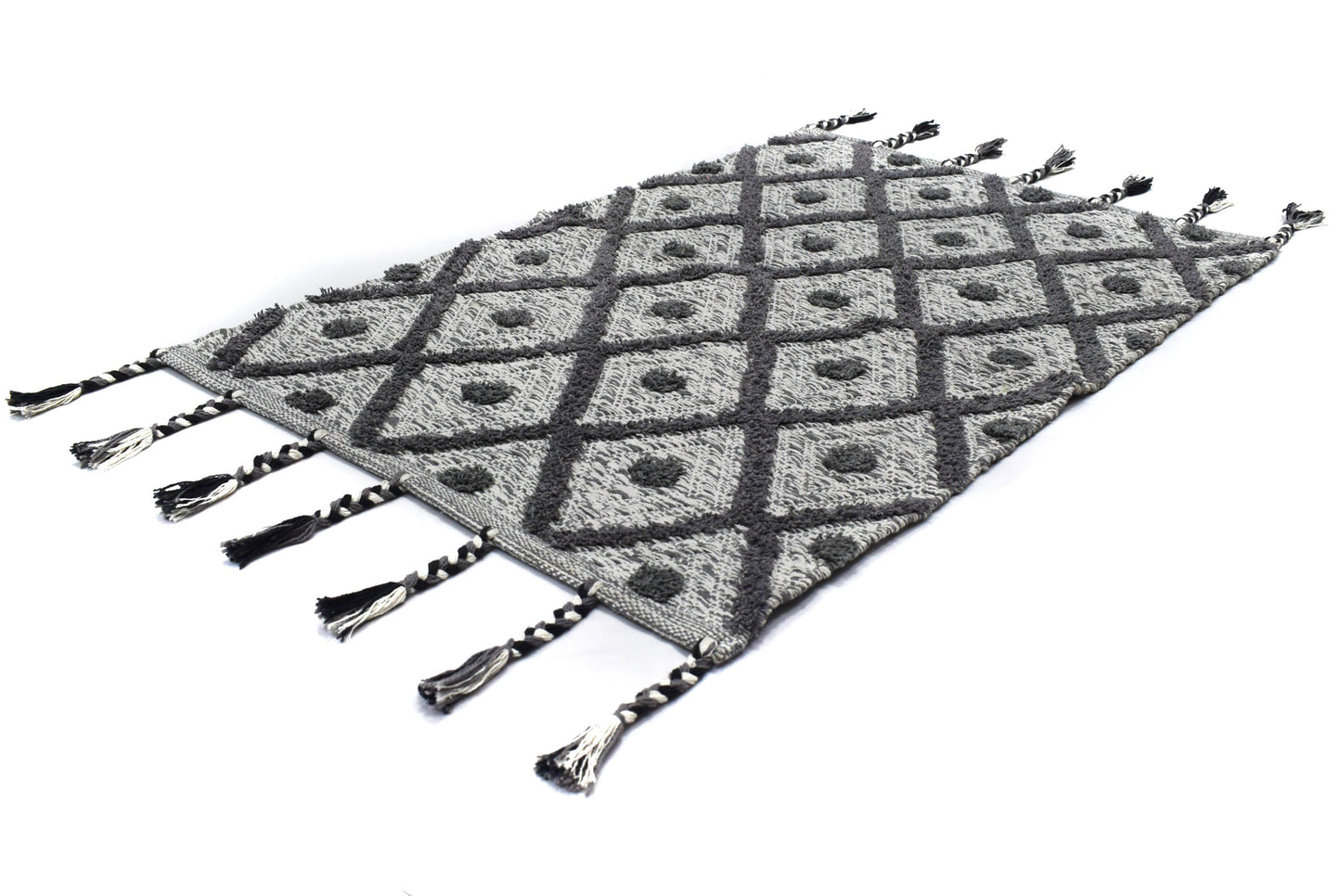 Alfombra de Algodón Tipo Shag – Patrón de Diamantes con Flecos