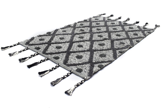 Alfombra de Algodón Tipo Shag – Patrón de Diamantes con Flecos