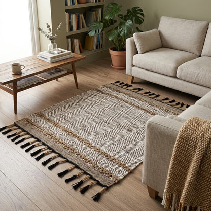 Alfombra Dhurrie de Algodón Con Borde y Flecos IC17686 Crema/Marfil