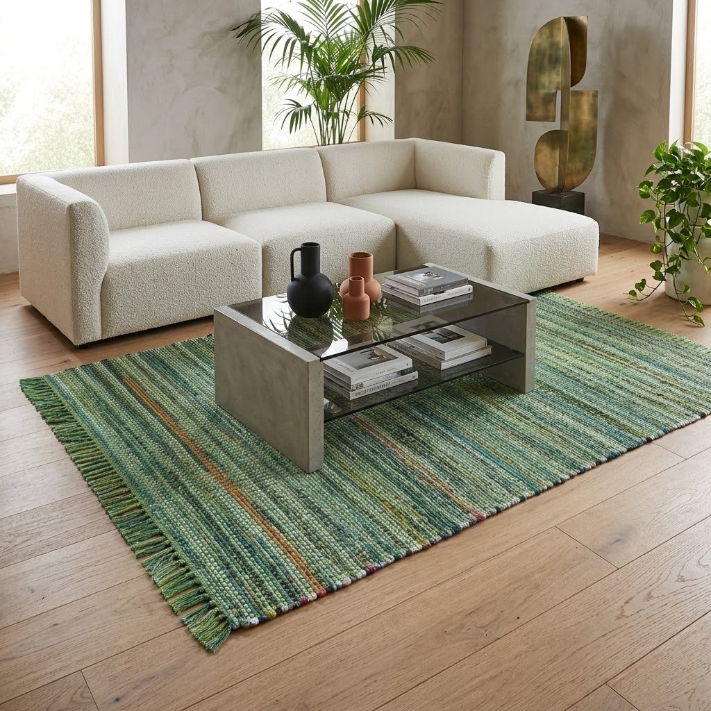 Alfombra Chindi Estampada con Flecos IC12557 Verde