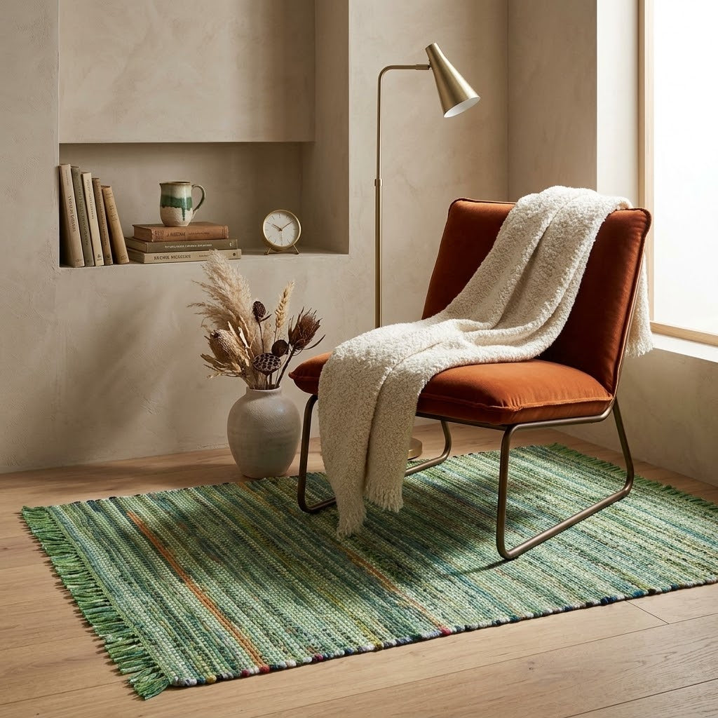 Alfombra Chindi Estampada con Flecos IC12557 Verde