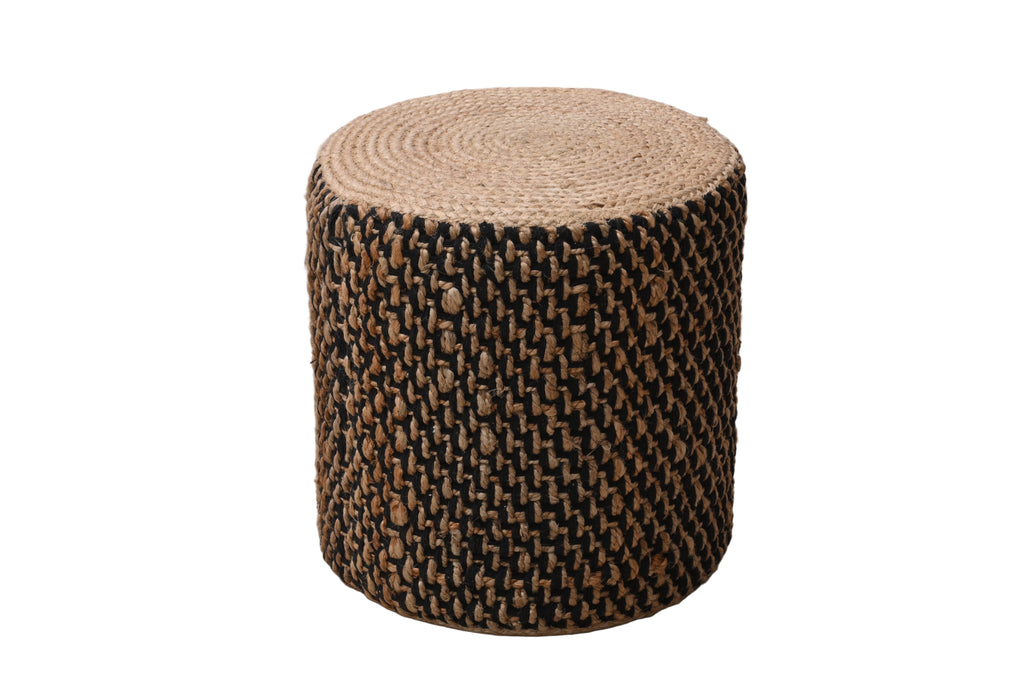 Handwoven Natural & Black Jute Round Pouf