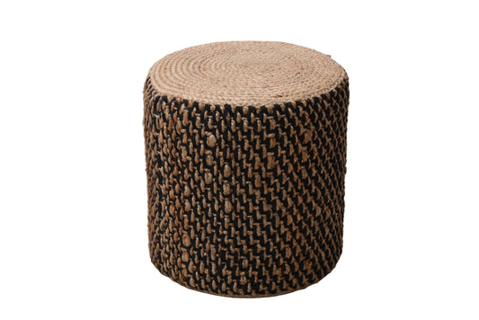Handwoven Natural & Black Jute Round Pouf