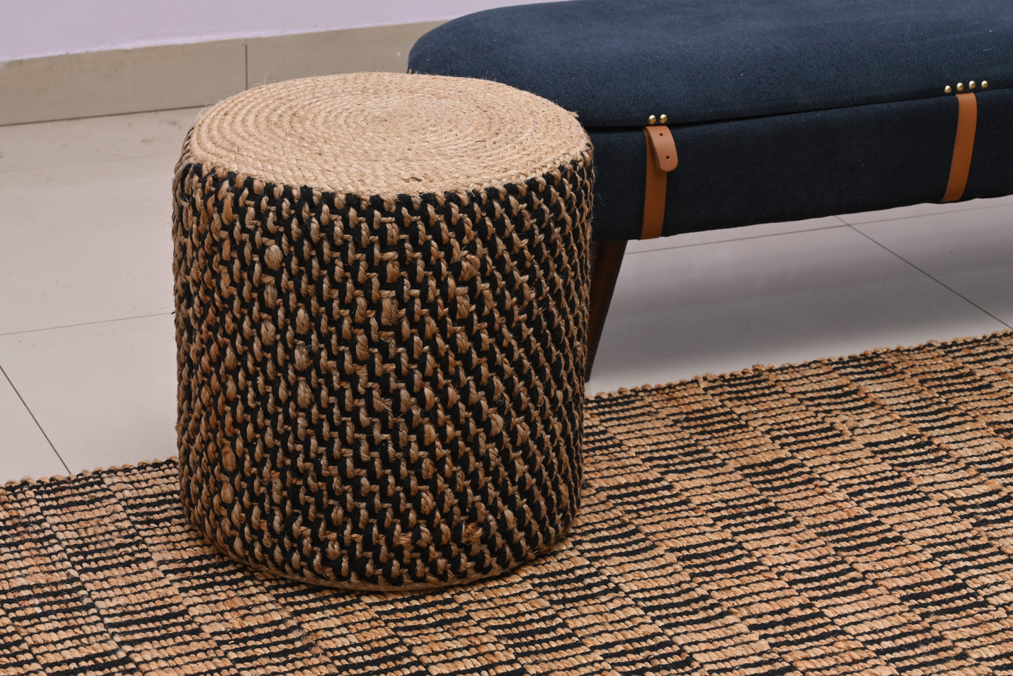 Handwoven Natural & Black Jute Round Pouf