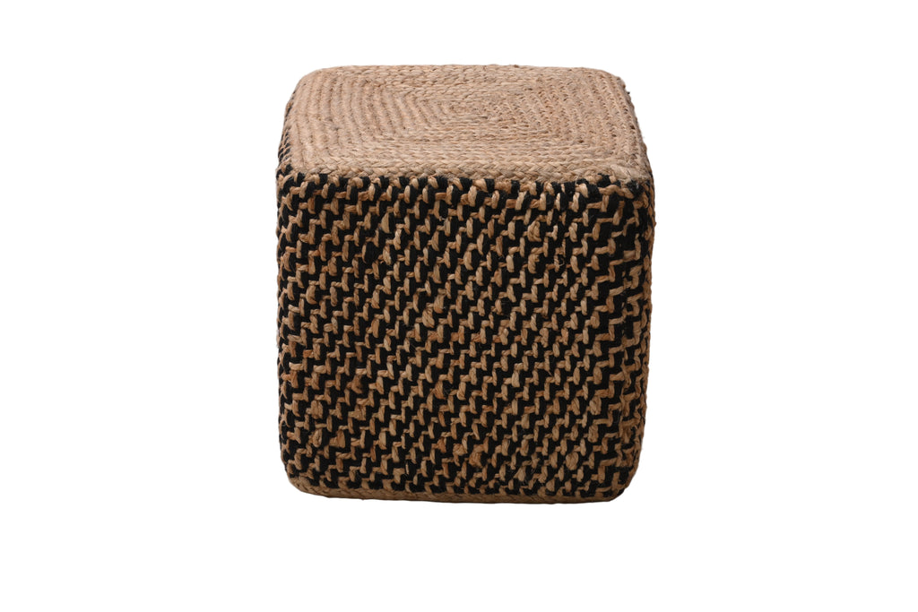 Puff Cuadrado de Yute Natural y Negro Tejido a Mano