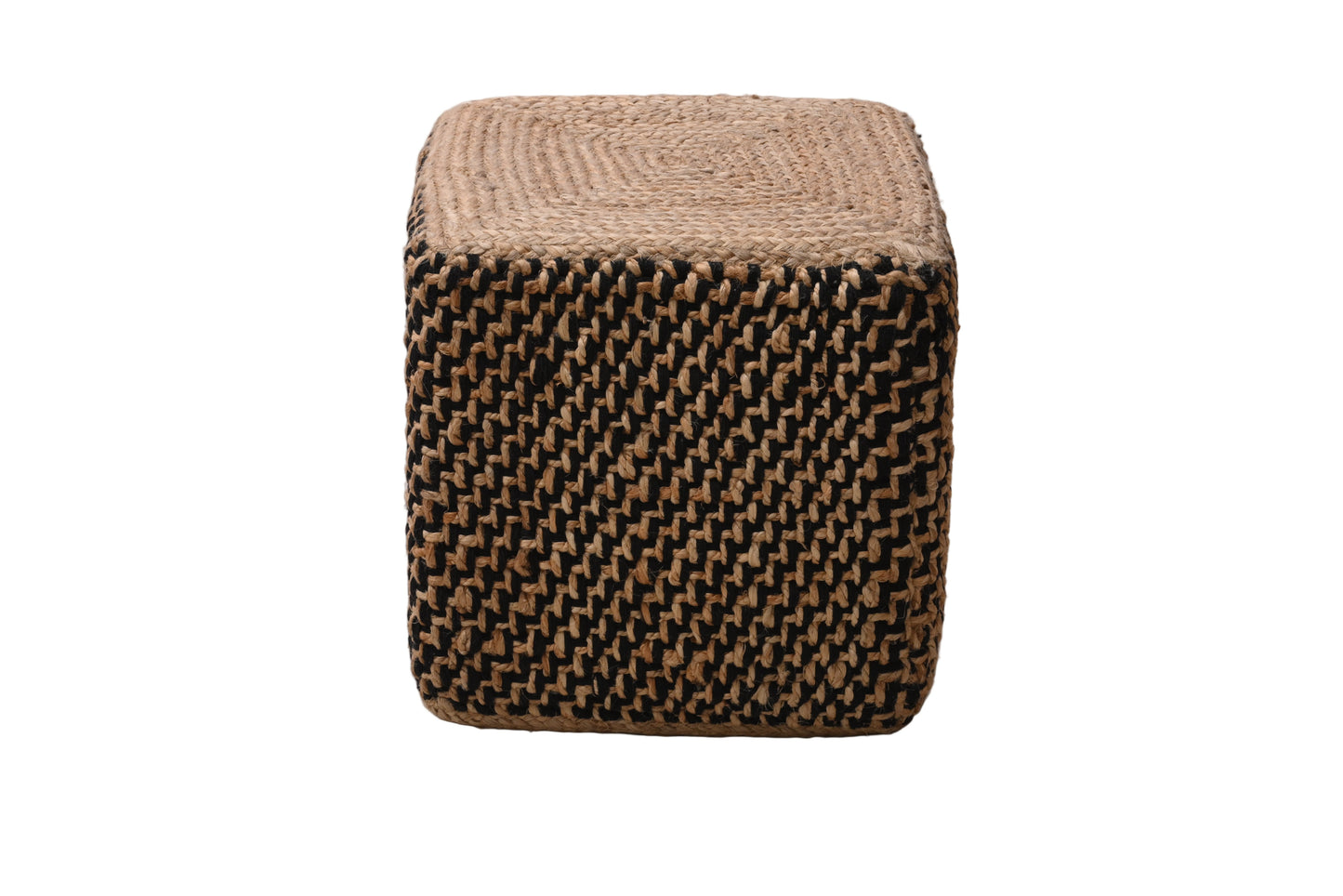 Puff Cuadrado de Yute Natural y Negro Tejido a Mano