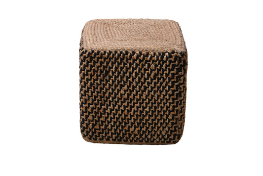 Handwoven Natural & Black Jute Square Pouf
