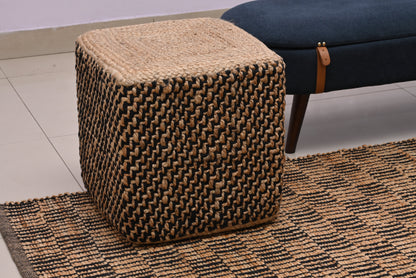 Puff Cuadrado de Yute Natural y Negro Tejido a Mano