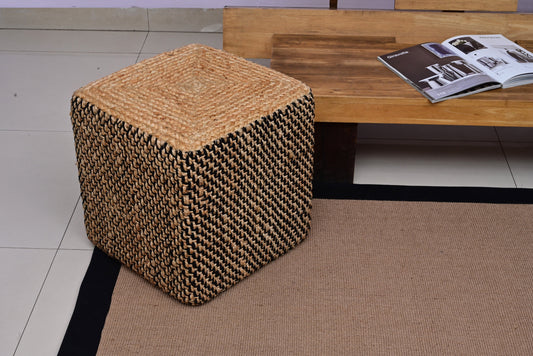 Handwoven Natural & Black Jute Square Pouf