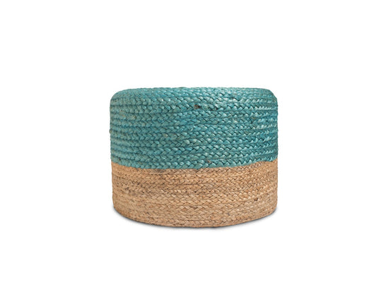 Hand-Braided Turquoise & Natural Jute Round Pouf – Small