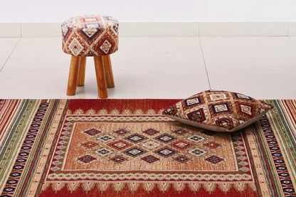 Taburete Jacquard Geométrico Multicolor Tejido a Mano con Patas de Madera