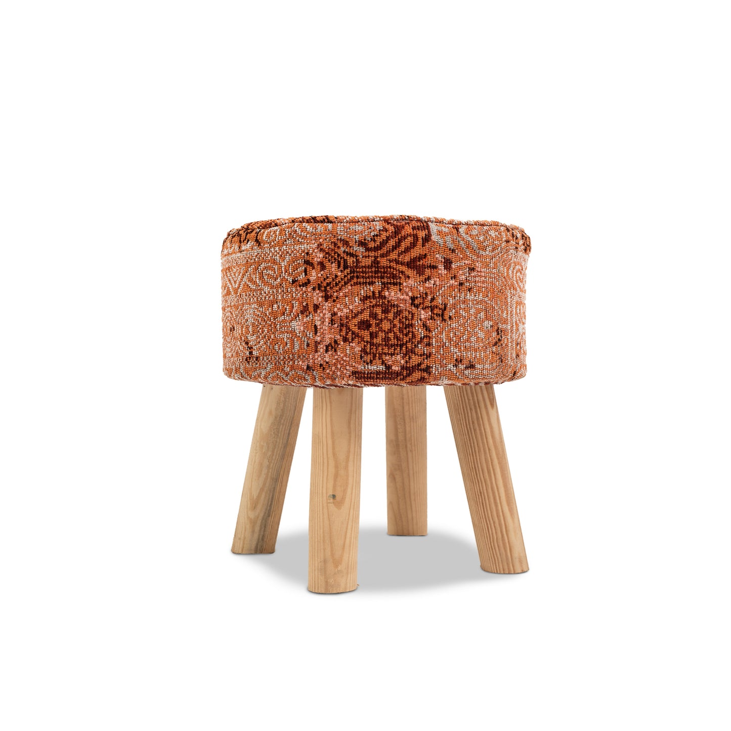 Handwoven Orange Jacquard Stool with Wooden Legs
