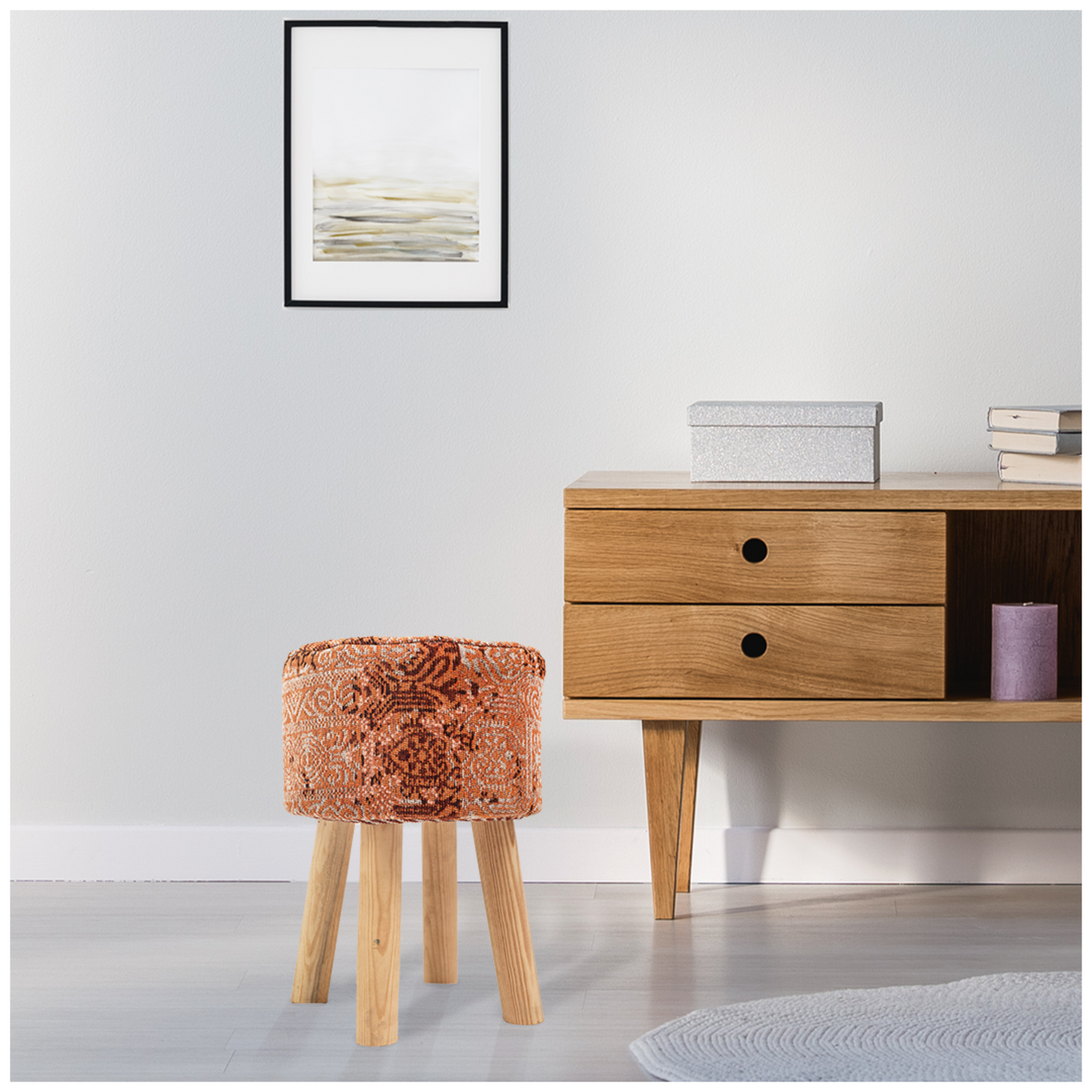 Handwoven Orange Jacquard Stool with Wooden Legs