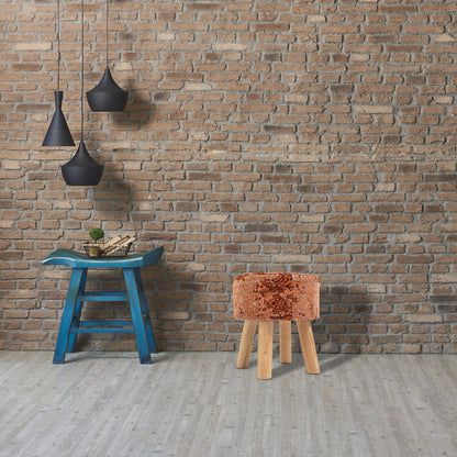 Handwoven Orange Jacquard Stool with Wooden Legs