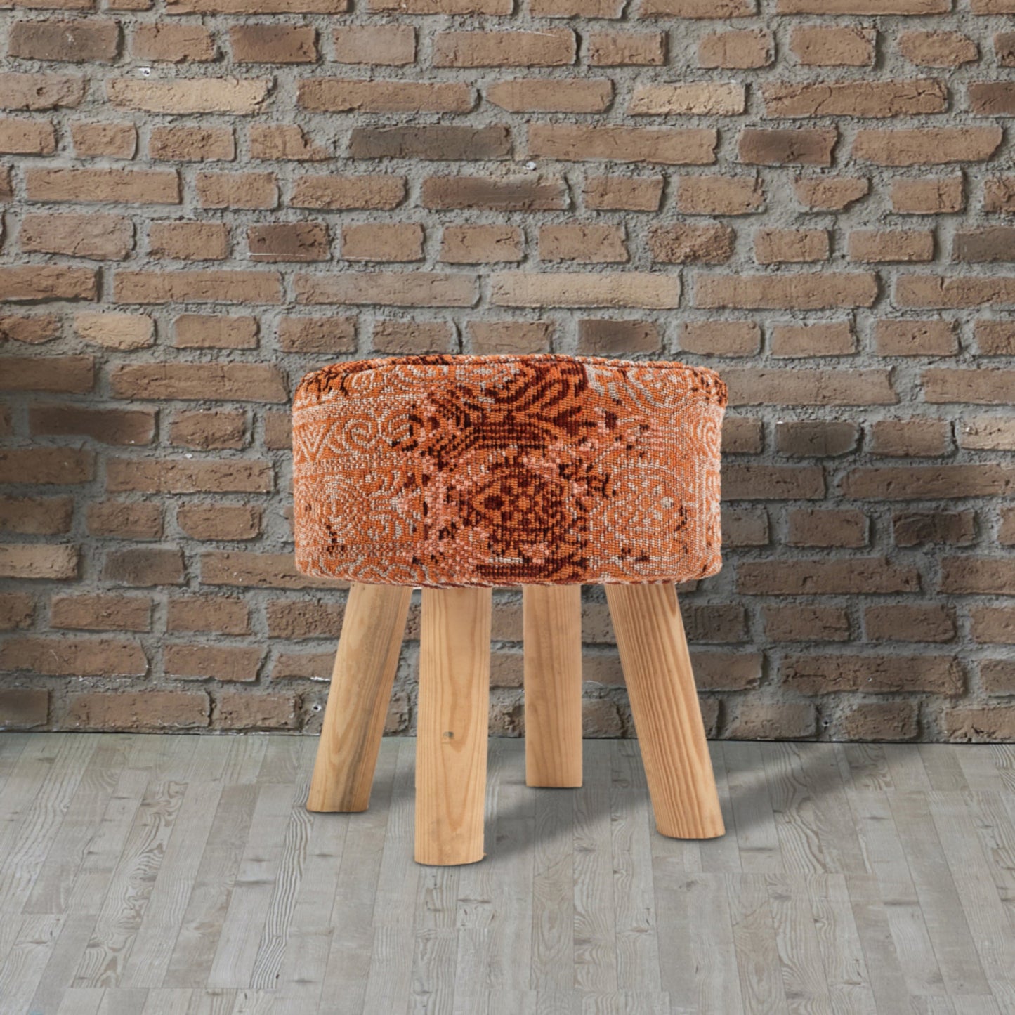Handwoven Orange Jacquard Stool with Wooden Legs